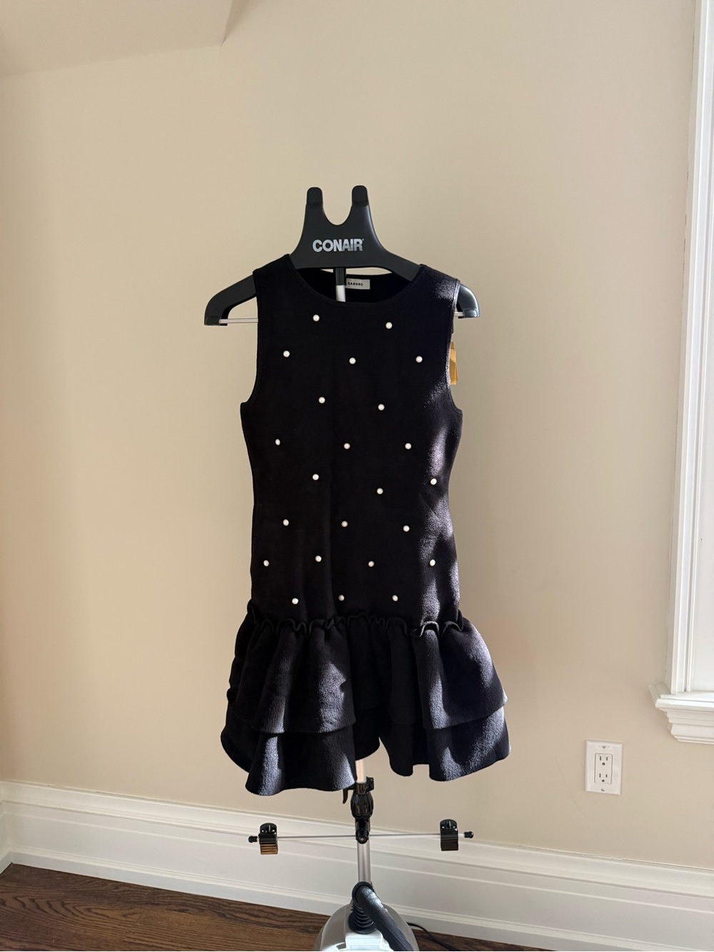 New Sandro Black Pearl-Embellished Ruffle Hem Dress